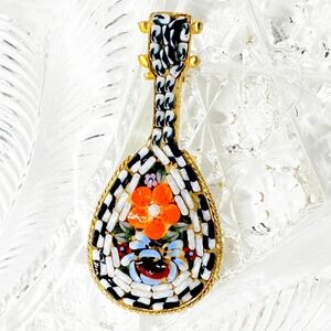 Vintage Italian Micro Mosaic Mandolin Brooch Millefiori 1950s Pin Guitar‎ Music